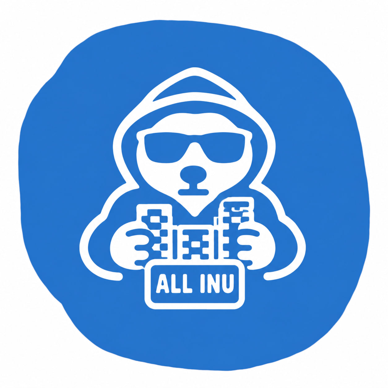 Hand-drawn blue and white All Inu wearing a hoodie and sunglasses, holding three signal devices
